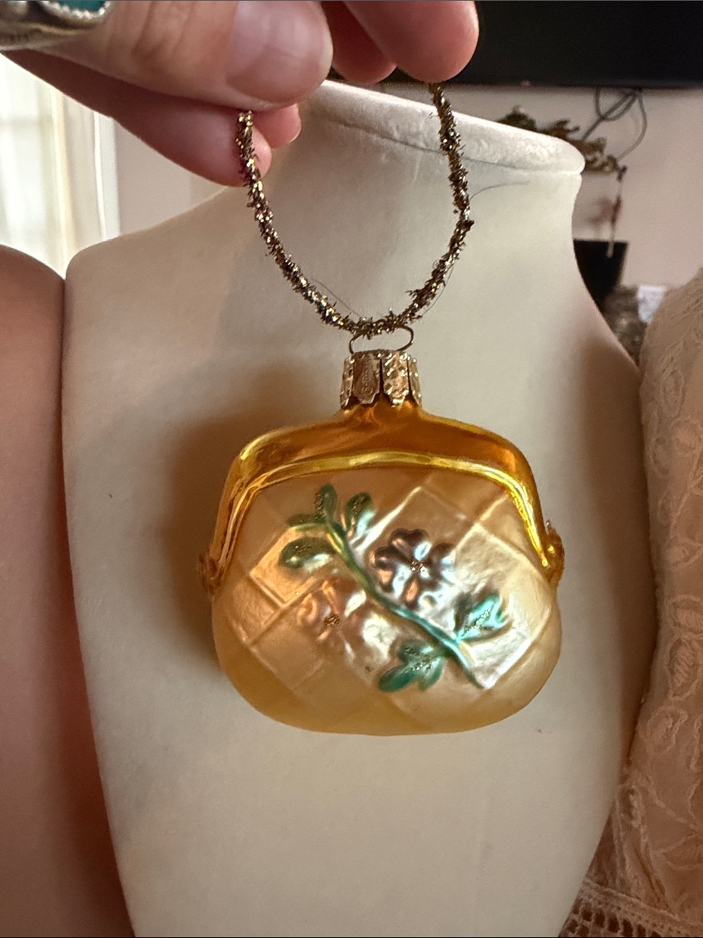 Vintage handbag glass hand painted ornament